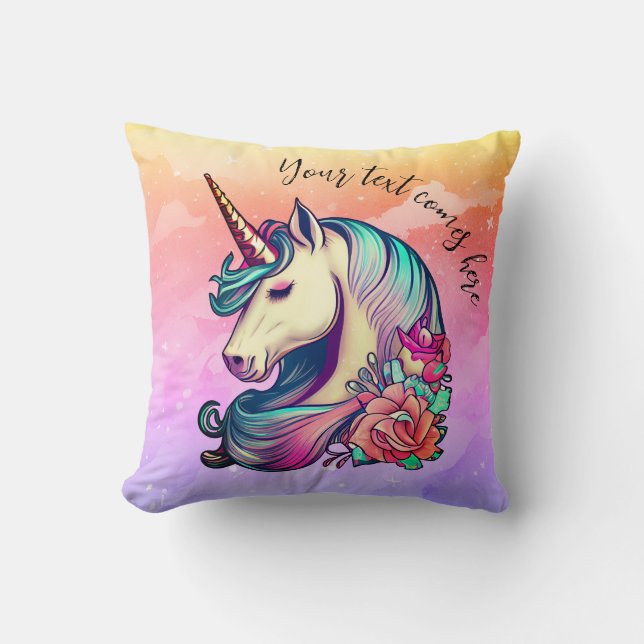 Niedliches Einhorn im farbenfrohen Himmel Kissen (Vorderseite)