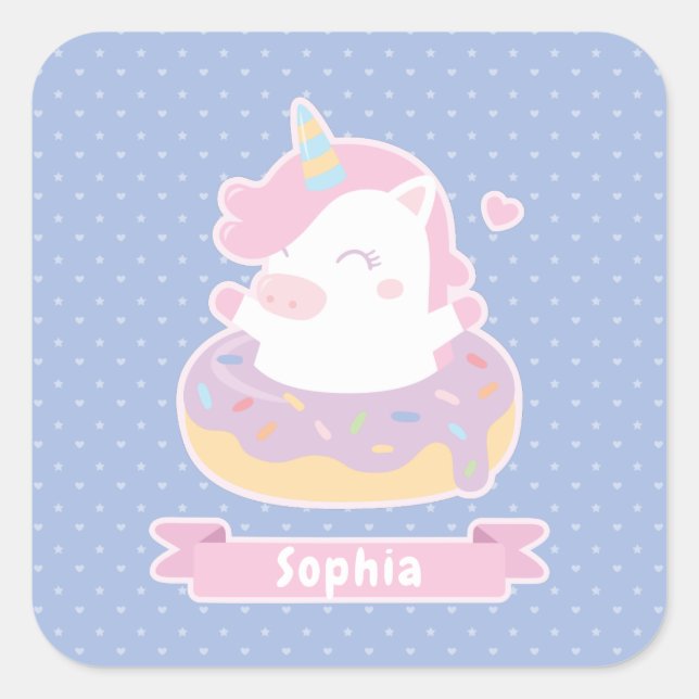 Niedliches Einhorn in Doughnut Girls Name Stickers (Vorderseite)