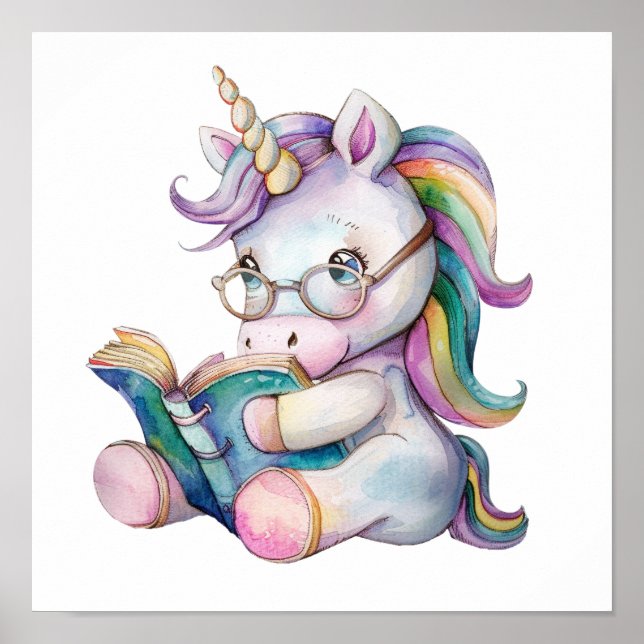 Niedliches Einhorn in Eyeglasses Lesen eines Buche Poster (Vorne)