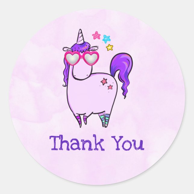 Niedliches Einhorn in Herz-Shaped Brille Danke Runder Aufkleber (Vorderseite)