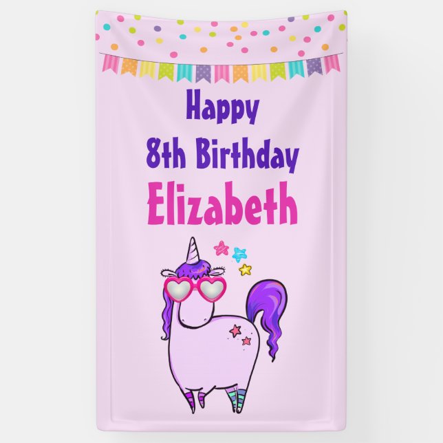 Niedliches Einhorn in Herz-Shaped Brille Geburtsta Banner (Vertikal)