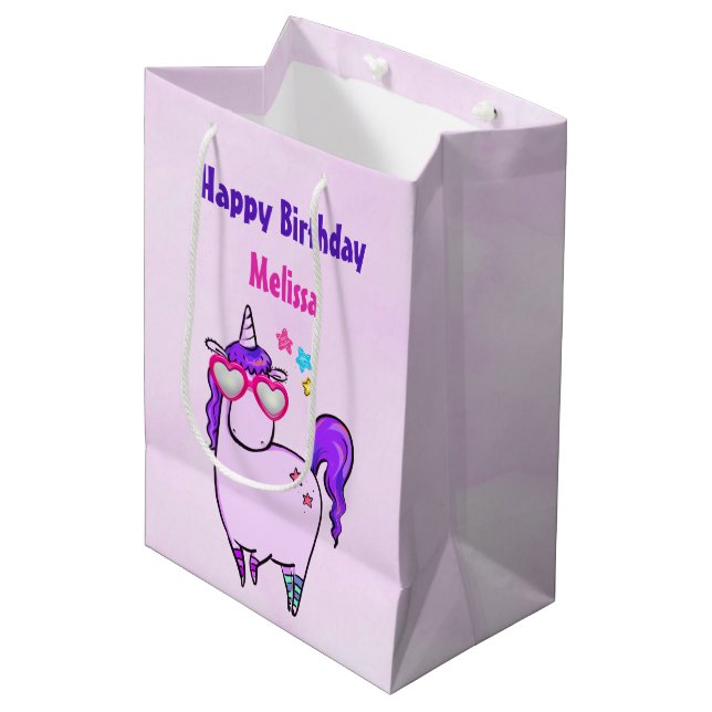 Niedliches Einhorn in Herz-Shaped-Brille Mittlere Geschenktüte (Vorderseite Schrägansicht)