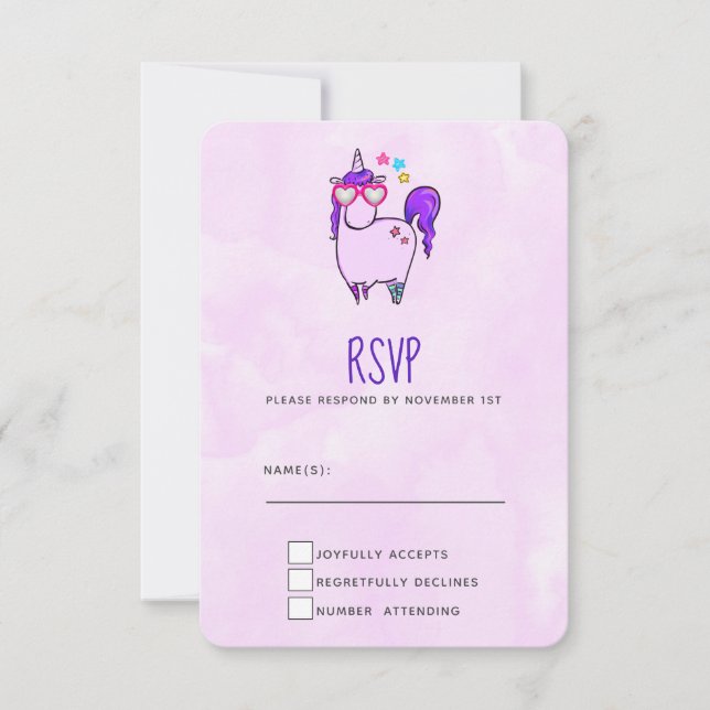 Niedliches Einhorn in Herz-Shaped-Brille RSVP Karte (Vorderseite)
