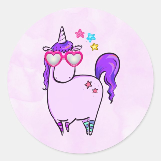 Niedliches Einhorn in Herz-Shaped-Brille Runder Aufkleber (Vorderseite)