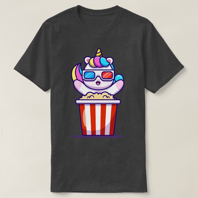 Niedliches Einhorn isst Popcorn T-Shirt (Design vorne)