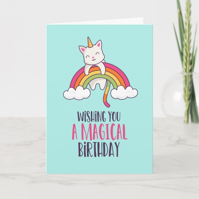 Niedliches Einhorn Katze Magischer Regenbogen Funn Karte (Vorderseite)