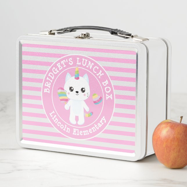 Niedliches Einhorn - Katze Rosa Streifen Personali Metall Brotdose (Beispiel)