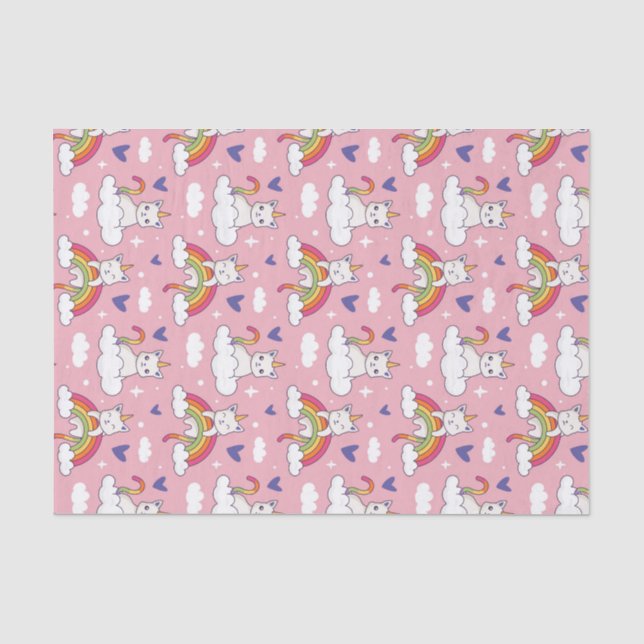 Niedliches Einhorn-Katzenrutschen-Muster Valentins Seidenpapier (Vorderseite)