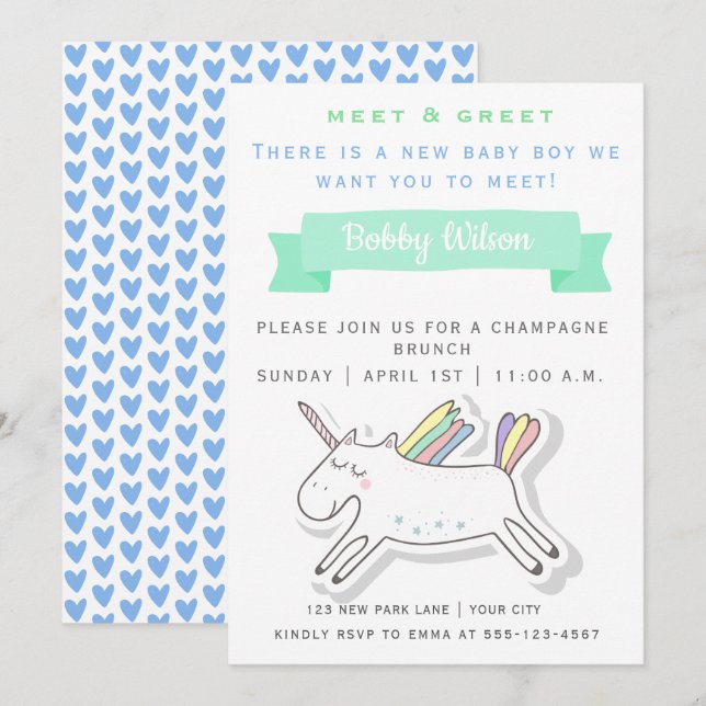Niedliches Einhorn | Meet & Greet New Baby Einladung (Vorne/Hinten)