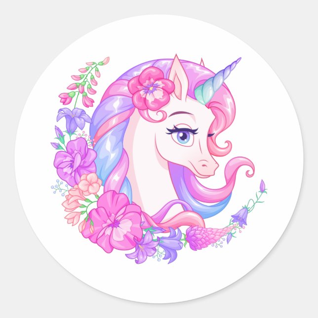Niedliches Einhorn mit Blume Klassischer Rundaufkl Runder Aufkleber (Vorderseite)