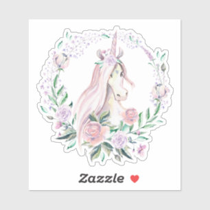 Niedliches Einhorn mit Blume Kranz Aufkleber