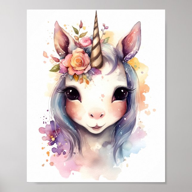 Niedliches Einhorn mit farbenfrohen Blume Poster (Vorne)