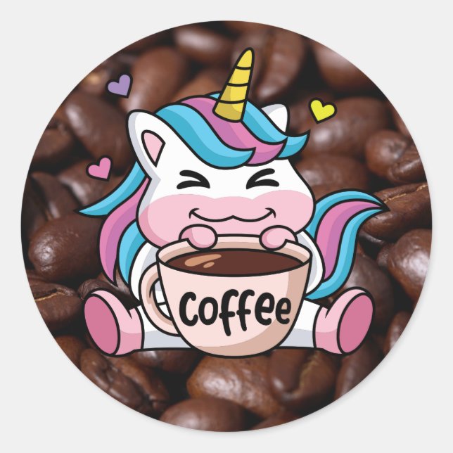 Niedliches Einhorn mit Kaffee Runder Aufkleber (Vorderseite)
