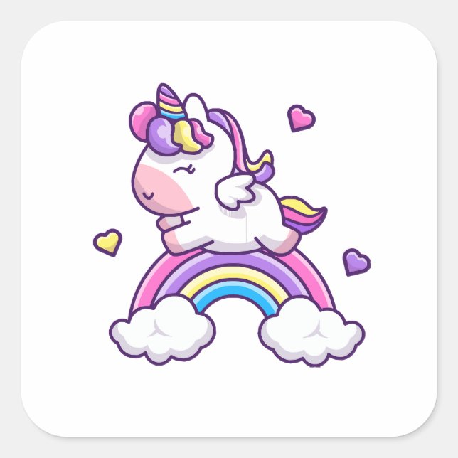 Niedliches Einhorn mit Regenbogen-Cartoon Quadratischer Aufkleber (Vorderseite)