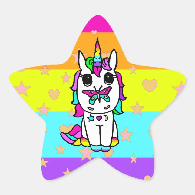Niedliches Einhorn mit Schmetterlingsstars und Her Stern-Aufkleber (Vorderseite)