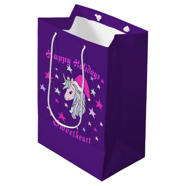 Niedliches Einhorn mit Weihnachtsmannmütze, indivi Mittlere Geschenktüte (Vorderseite Schrägansicht)