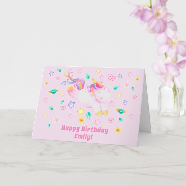 Niedliches Einhorn - Personalisiert rosa Kindergeb Karte (Orchidee)