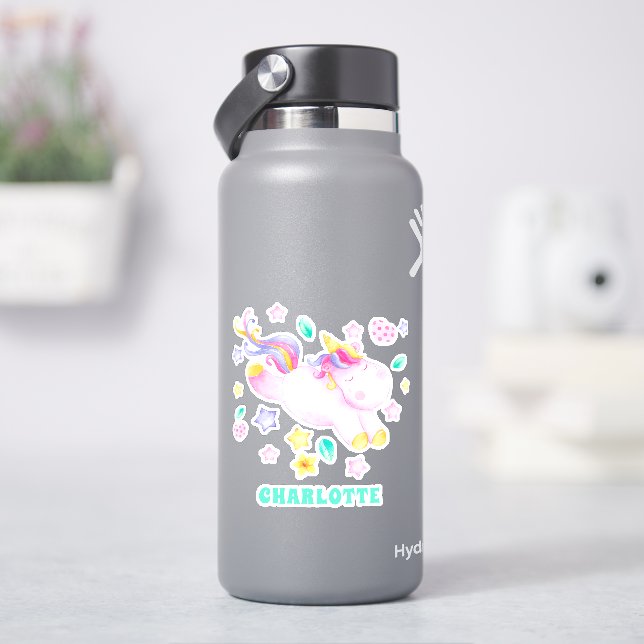 Niedliches Einhorn - Personalisierter Lavendel Kin Aufkleber (HydroFlask)