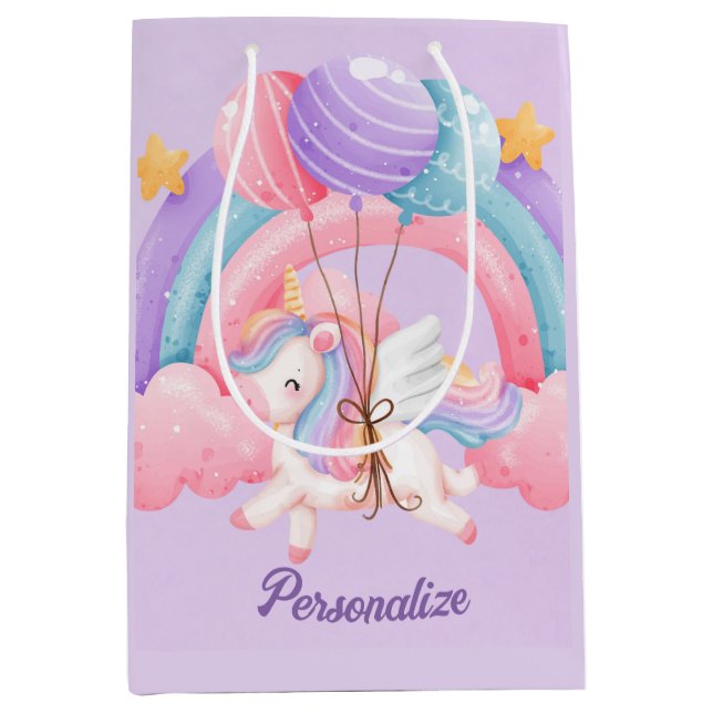 Niedliches Einhorn Regenbogen Farbige Kinder Perso Mittlere Geschenktüte (Vorderseite)