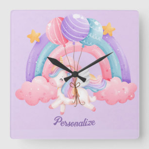 Niedliches Einhorn Regenbogen Farbige Kinder Perso Quadratische Wanduhr