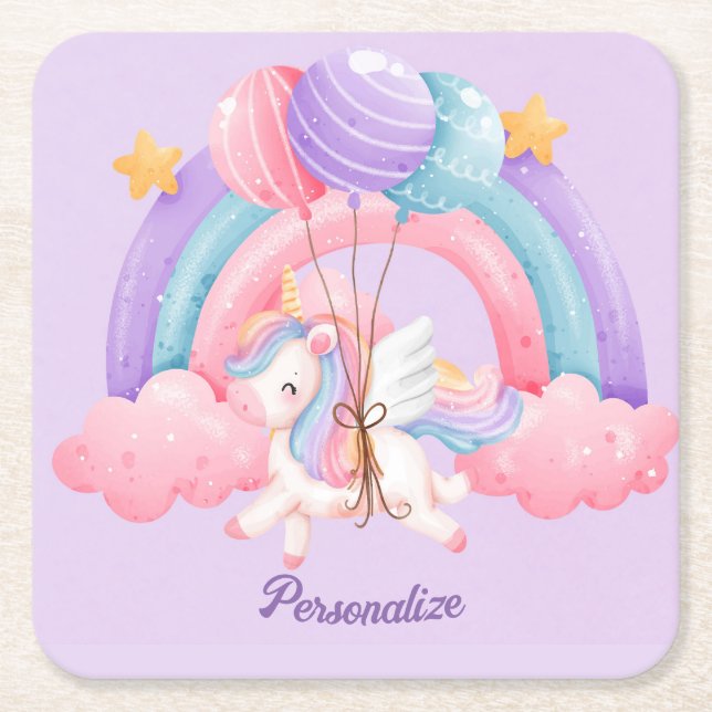 Niedliches Einhorn Regenbogen Farbige Kinder Perso Rechteckiger Pappuntersetzer (Vorderseite)