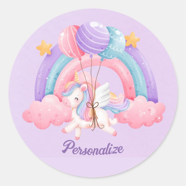Niedliches Einhorn Regenbogen Farbige Kinder Perso Runder Aufkleber (Vorderseite)