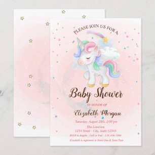 Niedliches Einhorn, Regenbogen, Stars Kinderdusche Einladung