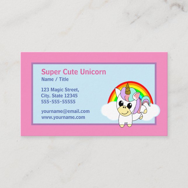Niedliches Einhorn. Regenbogen und rosa Hintergrun Visitenkarte (Vorderseite)