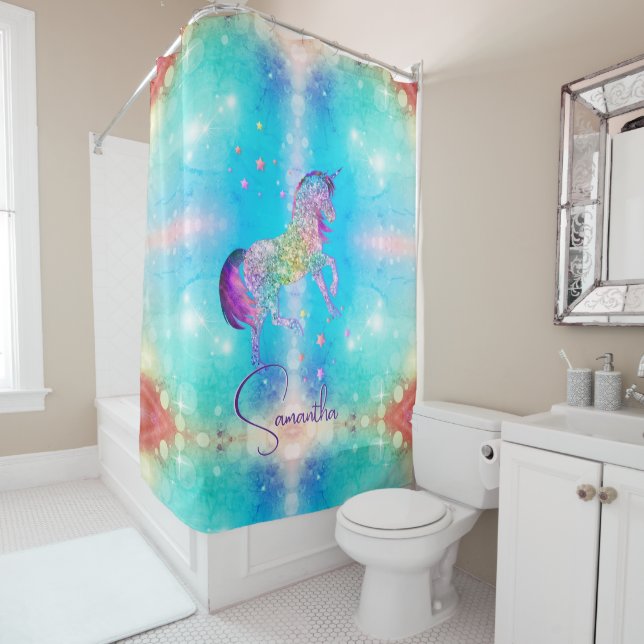 Niedliches Einhorn-Rosa Glitzer Regenbogenaqua Mon Duschvorhang (Beispiel)