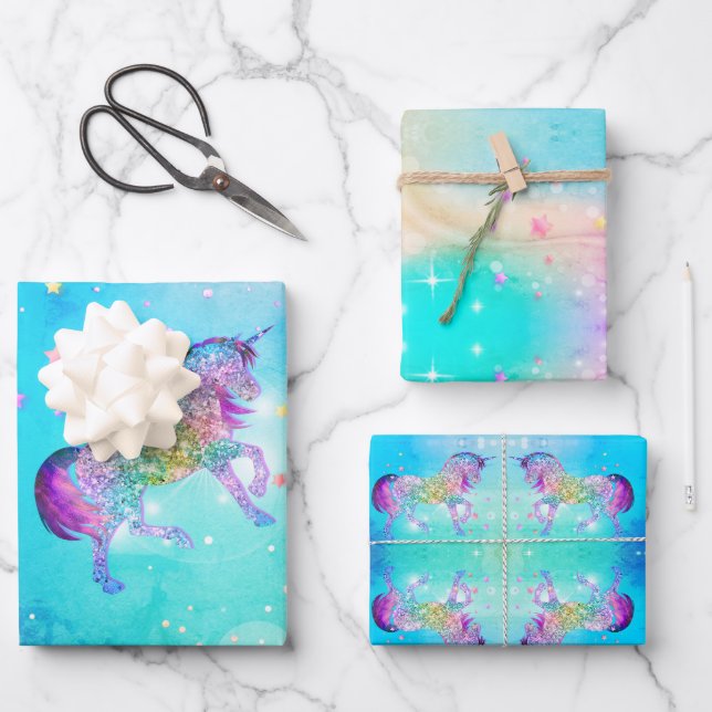 Niedliches Einhorn-Rosa Glitzer Regenbogenaqua Mon Geschenkpapier Set (Vorderseite)