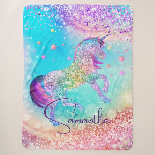 Niedliches Einhorn-Rosa Glitzer Regenbogenaqua Mon Sherpadecke (Vorderseite)