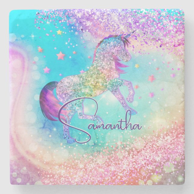 Niedliches Einhorn-Rosa Glitzer Regenbogenaqua Mon Steinuntersetzer (Vorderseite)