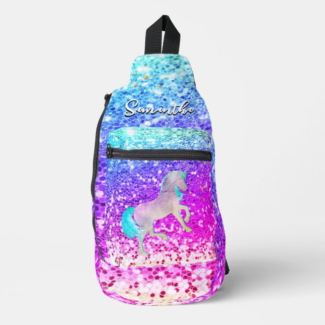 Niedliches Einhorn-Rosa Glitzer Regenbogengold Mon Crossbody Bag (Vorderseite)