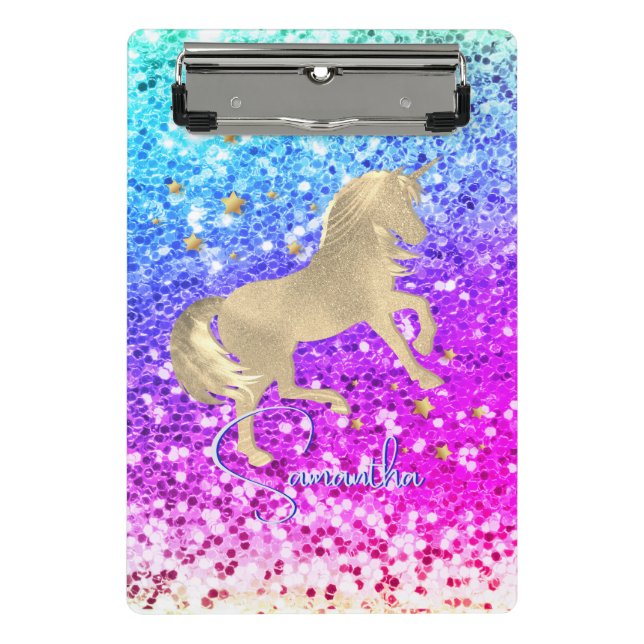 Niedliches Einhorn-Rosa Glitzer Regenbogengold Mon Mini Klemmbrett (Vorderseite)