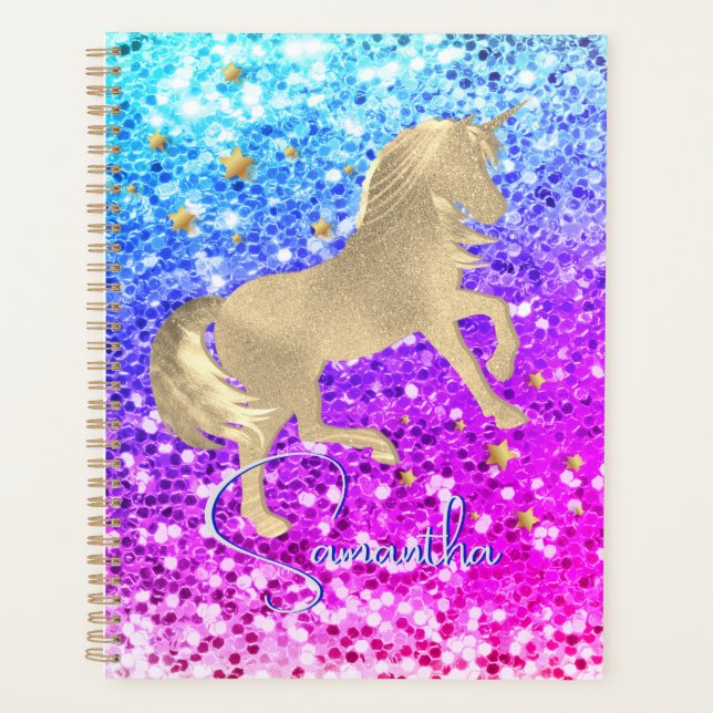 Niedliches Einhorn-Rosa Glitzer Regenbogengold Mon Planer (Vorderseite)