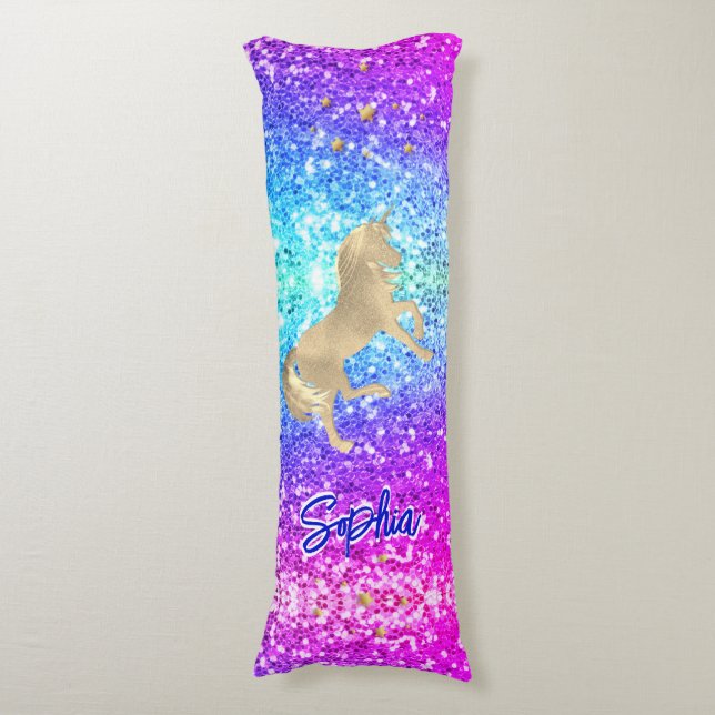Niedliches Einhorn-Rosa Glitzer Regenbogengold Mon Seitenschläferkissen (Vorderseite Vertikal)