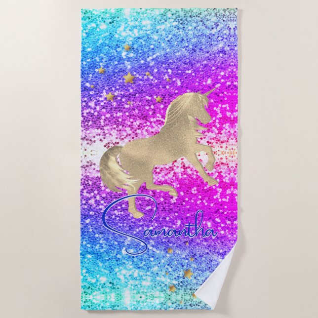 Niedliches Einhorn-Rosa Glitzer Regenbogengold Mon Strandtuch (Vorderseite)