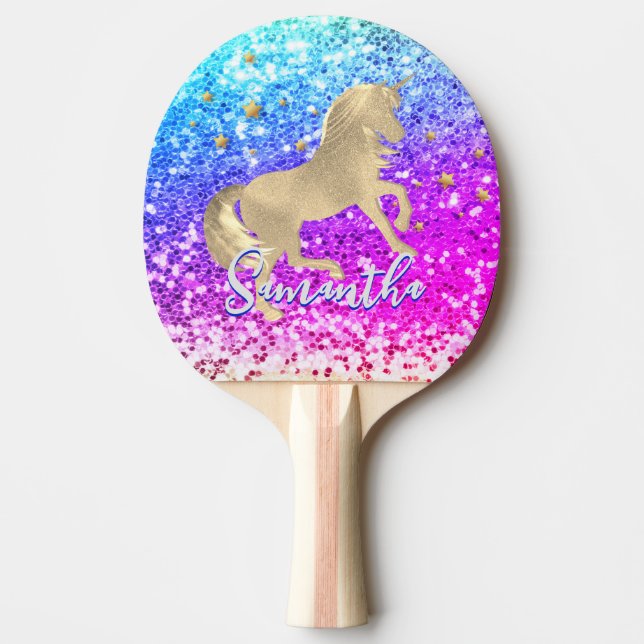 Niedliches Einhorn-Rosa Glitzer Regenbogengold Mon Tischtennis Schläger (Vorderseite)