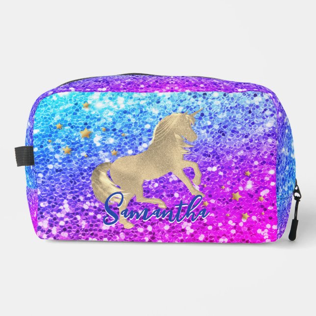 Niedliches Einhorn-Rosa Glitzer Regenbogengold Mon Waschbeutel (Vorderseite)