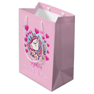 Niedliches Einhorn, rosa Herzen und Blume, Geburts Mittlere Geschenktüte