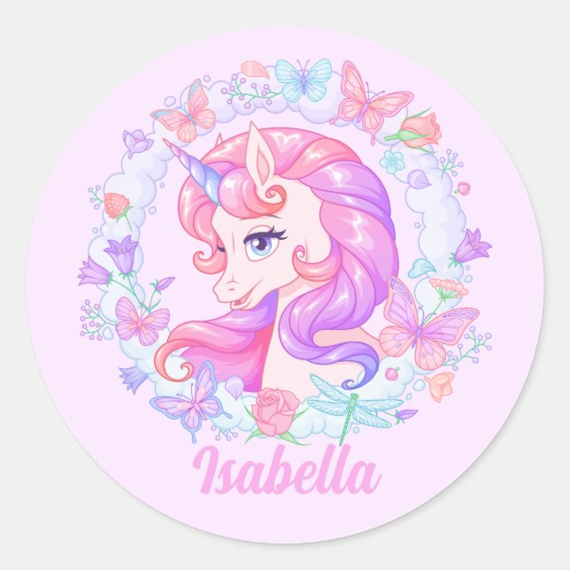 Niedliches Einhorn Schmetterling Personalisierter  Runder Aufkleber (Vorderseite)