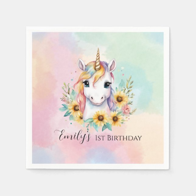 Niedliches Einhorn Sonnenblume 1. Geburtstag Serviette (Vorderseite)