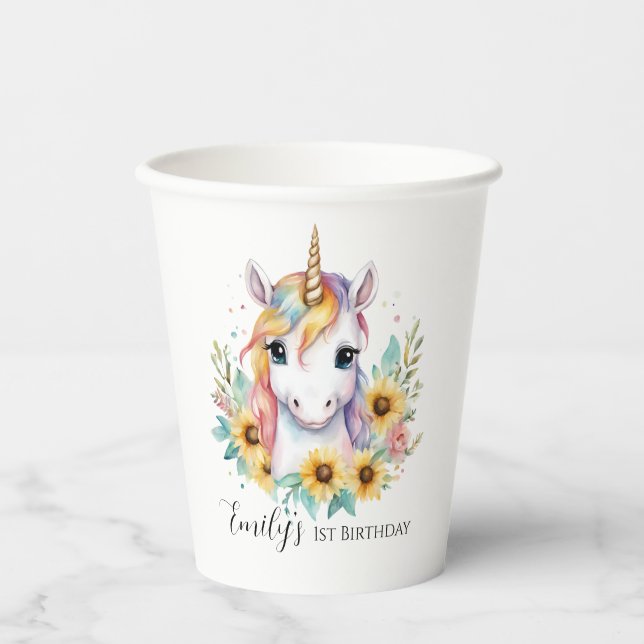 Niedliches Einhorn Sonnenblumen 1. Geburtstag Pappbecher (Vorderseite)