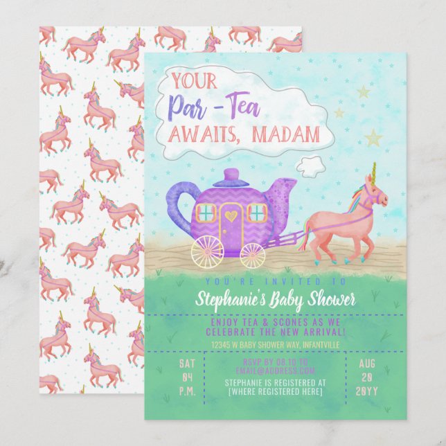 Niedliches Einhorn Tea Party Kinderdusche Einladun Einladung (Vorne/Hinten)