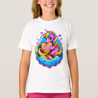 Niedliches Einhorn umarmt ein Herzklopfen, Geburts T-Shirt