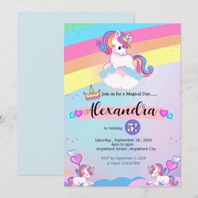 Niedliches Einhorn und farbenfroher Regenbogen Geb Einladung (Vorne/Hinten)