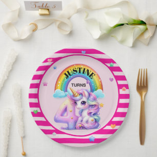 Niedliches Einhorn und Regenbogen 4. Geburtstag Pappteller