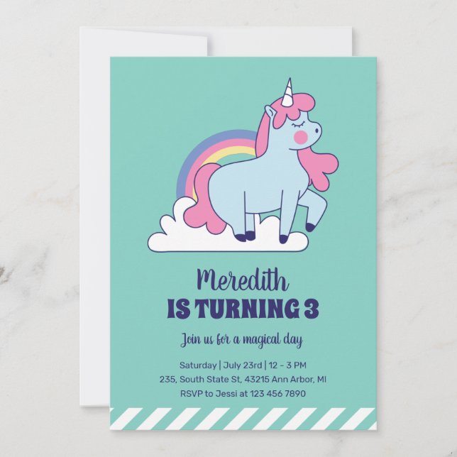 Niedliches Einhorn und Regenbogen Kinder Geburtsta Einladung (Vorderseite)