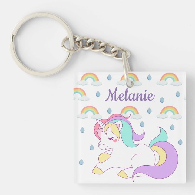 Niedliches Einhorn und Regenbogen Personalisiert Schlüsselanhänger (Vorderseite)