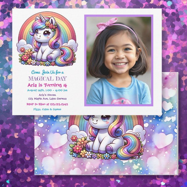 Niedliches Einhorn- und Regenbogenkind's Foto Gebu Einladung (Von Creator hochgeladen)